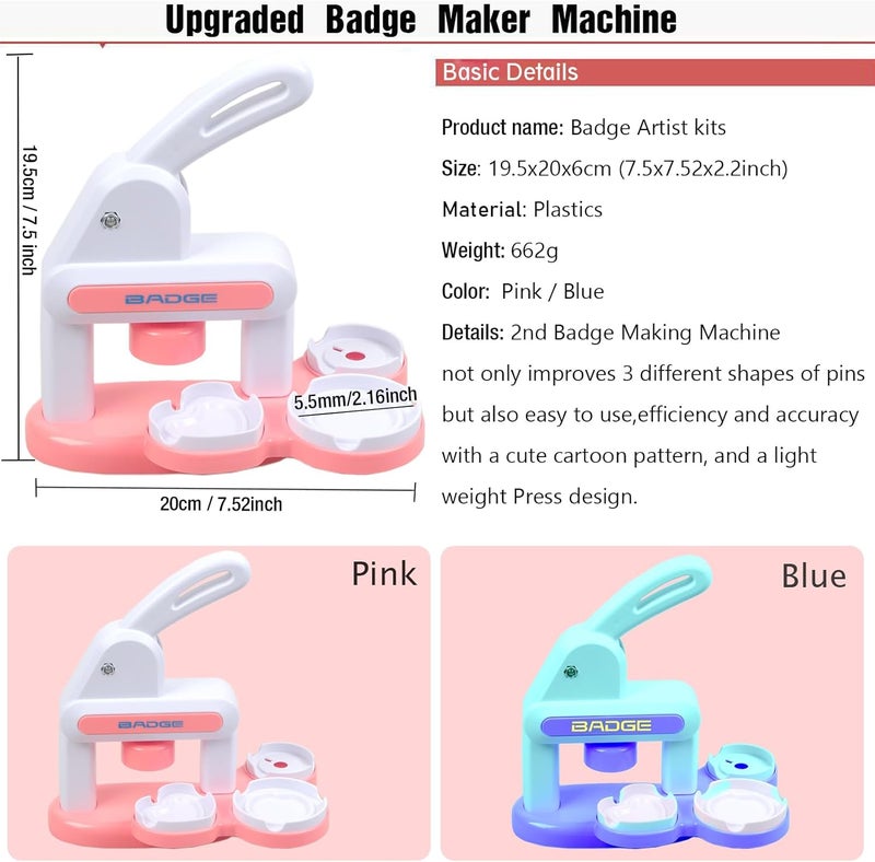 Lymoc Badge Maker Machine with 3 Pins Sharp,Upgrade Button Maker Artist DIY Pin Maker Press Machine Badge Punch Kit with 86 pcs Button Parts Circle Cutter Present Installation-Free,Blue - Image 4